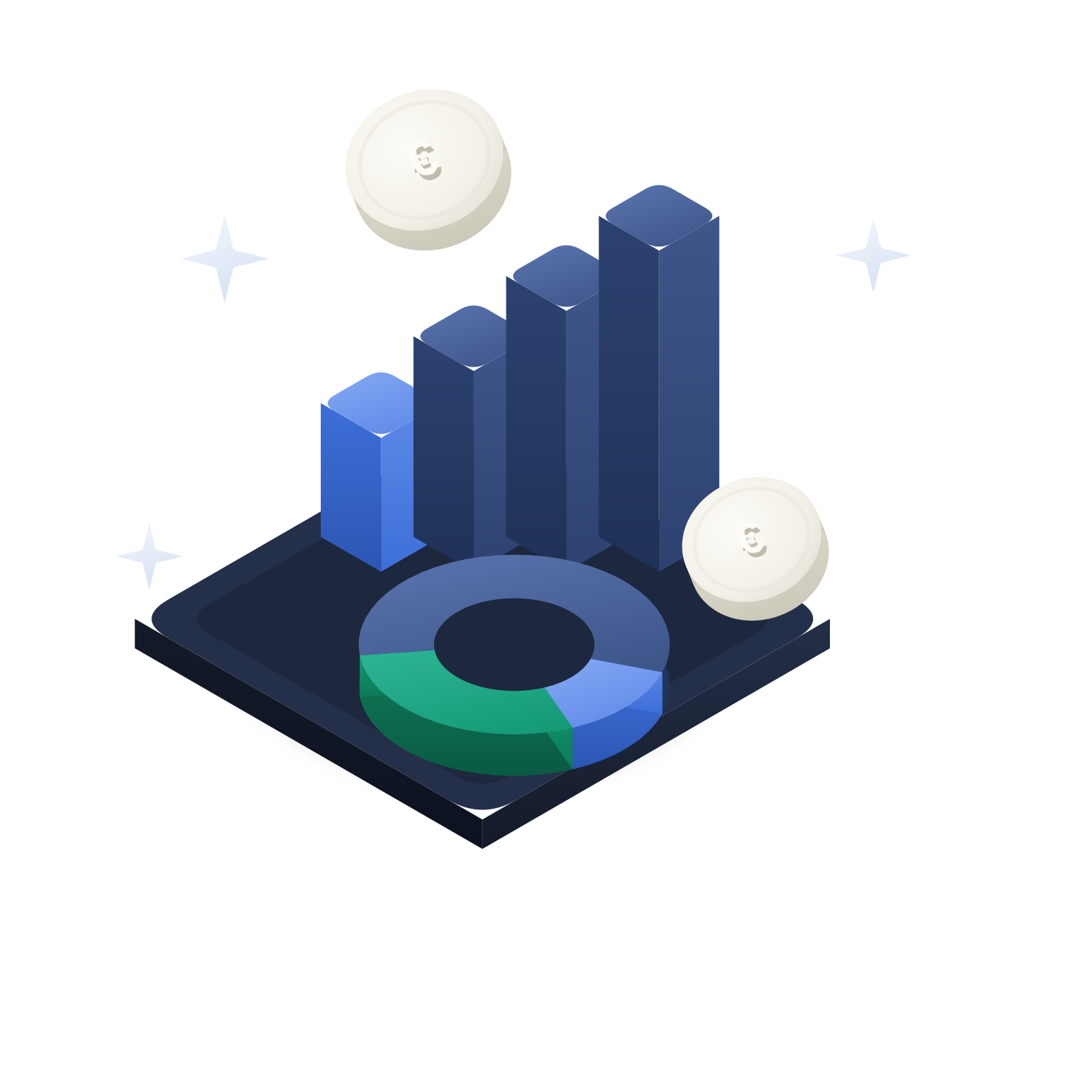 Isomeetriline 3D-illustratsioon: tõusev tulpdiagramm ja rõngasdiagramm „€" müntidega tumeda sinimusta aluse peal